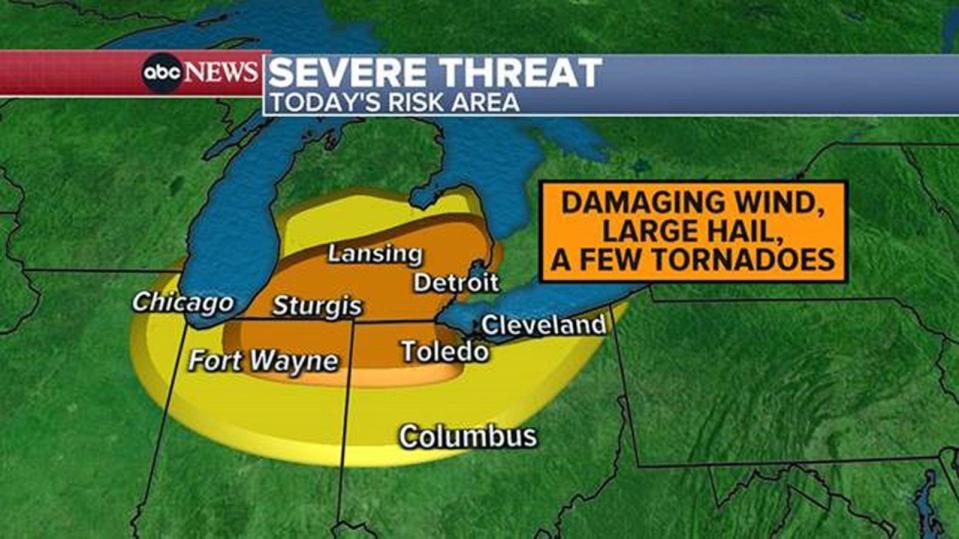 PHOTO: A severe threat of damaging winds, large hail and a few tornadoes is in the forecast from Chicago, Illinois, to Cleveland, Ohio, on July 26, 2023. (ABC News)