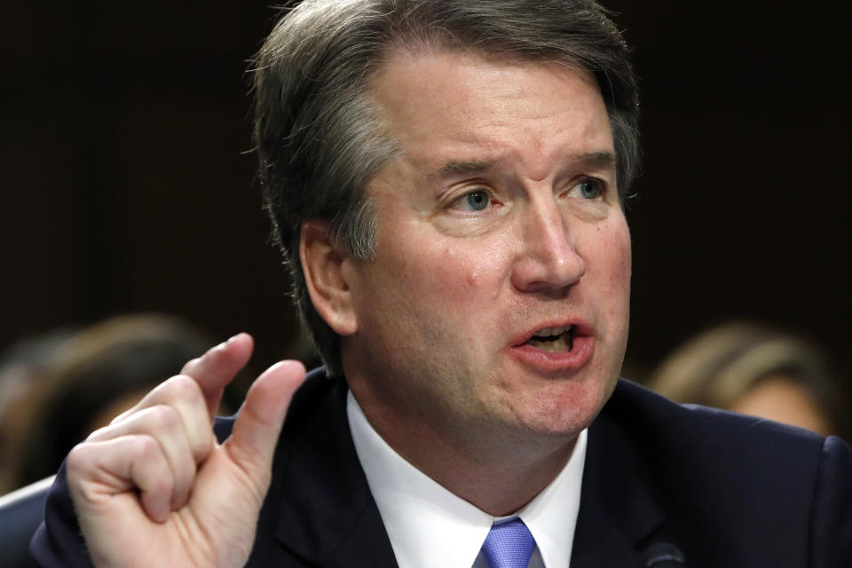 President Donald Trump's Supreme Court nominee Brett Kavanaugh gestures while speaking on the third day of his Senate Judiciary Committee confirmation hearing, Thursday, Sept. 6, 2018, on Capitol Hill in Washington, to replace retired Justice Anthony Kennedy. (AP Photo/Jacquelyn Martin)