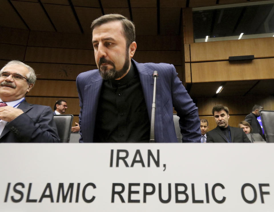 Iran's Ambassador to the International Atomic Energy Agency, IAEA, Gharib Abadi, waits for the start of the IAEA board of governors meeting at the International Center in Vienna, Austria, Monday, Sept. 9, 2019. (AP Photo/Ronald Zak)