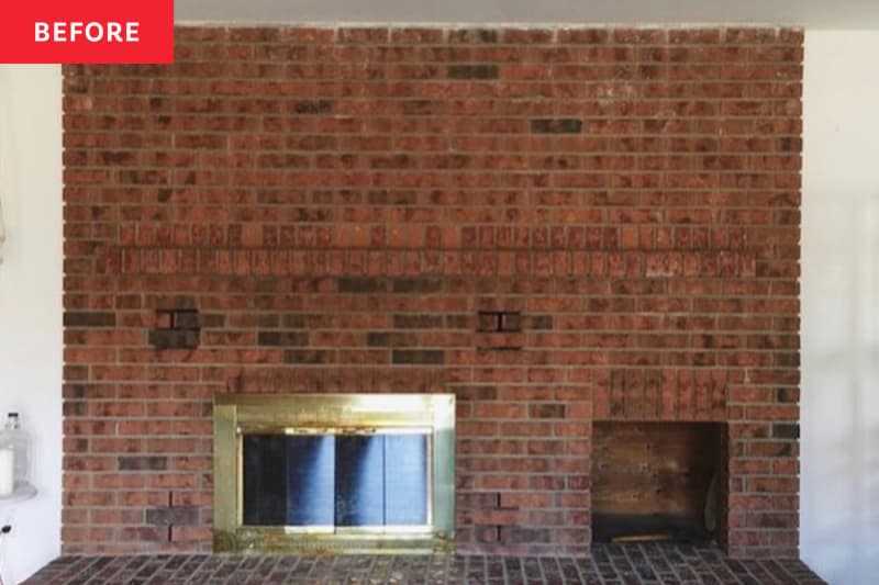 Brick fireplace before renovation.