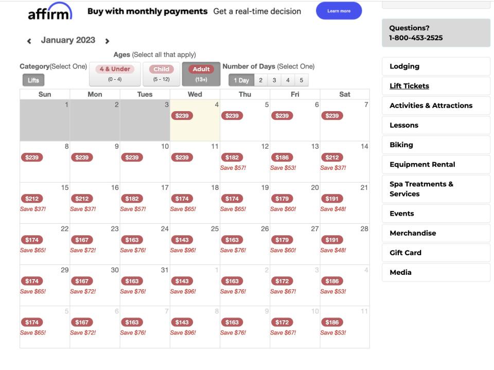 Lift ticket prices at Winter Park Resort in January 2023.