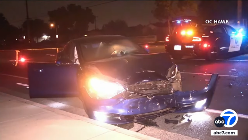 The Tesla hit a police car that was responding to a deadly crash in California. - Screenshot: ABC7 Via YouTube