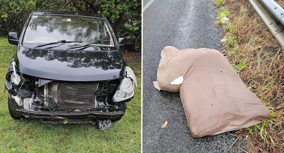 Left image is of smashed black iLoad van. Right image is of the brown cushion on the side of the road at Billinudgel.