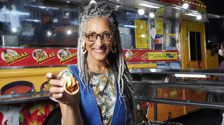 Carla Hall at taco food truck