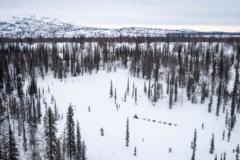 Aaron Burmeister mushes near Shell Lake during the Iditarod Dog Sled Race