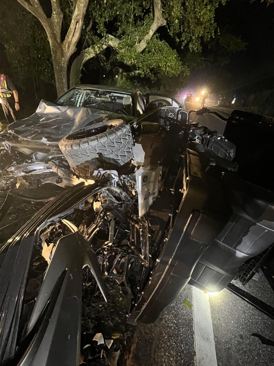 Photos of the rental car Komoroski, 25, was allegedly driving 65 miles per hour in a 25-mile-per-hour zone before slamming into a golf cart.  / Credit: Folly Beach Department of Public Safety
