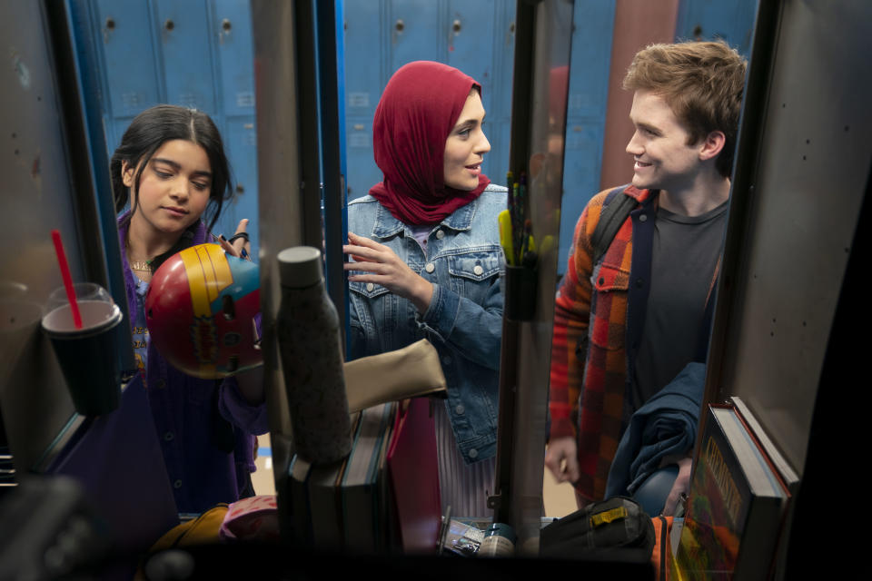 (L-R) Iman Vellani as Ms. Marvel/Kamala Khan, Yasmeen Fletcher as Nakia, and Matt Lintz as Bruno in Marvel Studios' MS. MARVEL. (Photo by Daniel McFadden/Marvel Studios 2022)