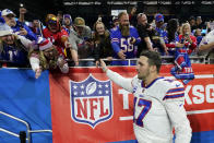 Buffalo Bills quarterback Josh Allen greets fans after an NFL football game against the Detroit Lions, Thursday, Nov. 24, 2022, in Detroit. (AP Photo/Paul Sancya)