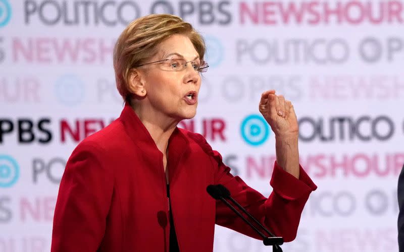 Senator Elizabeth Warren speaks during the sixth 2020 U.S. Democratic presidential candidates campaign debate at Loyola Marymount University in Los Angeles, California, U.S.