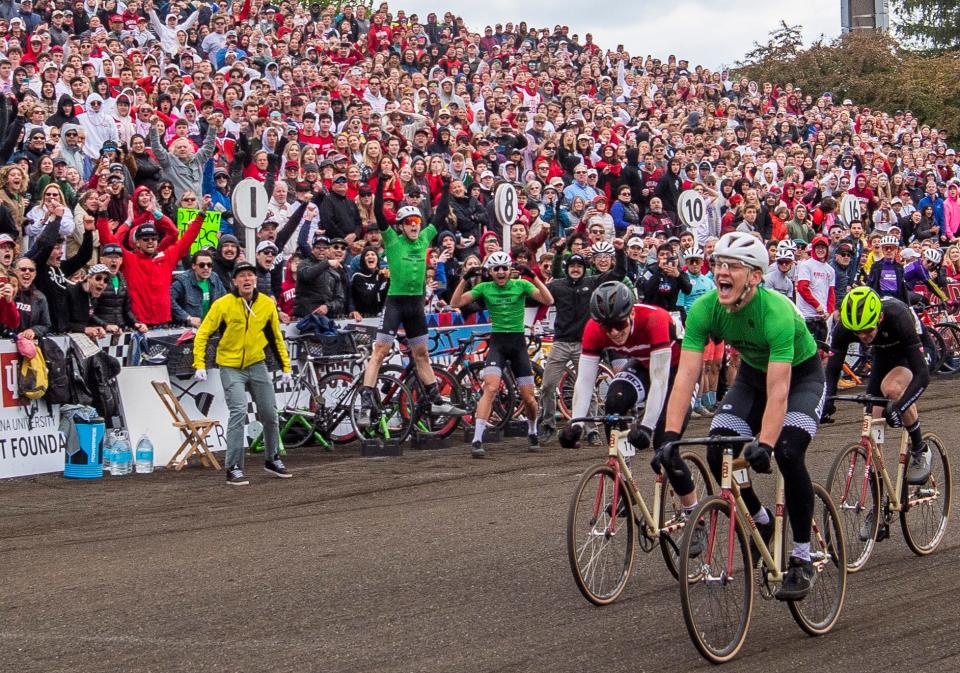 Cutters' rider Torin Kray-Mawhorr crosses the finish line to win the 72nd running of the Little 500 men's race at Bill Armstrong Stadium on Saturday, April 22, 2023.