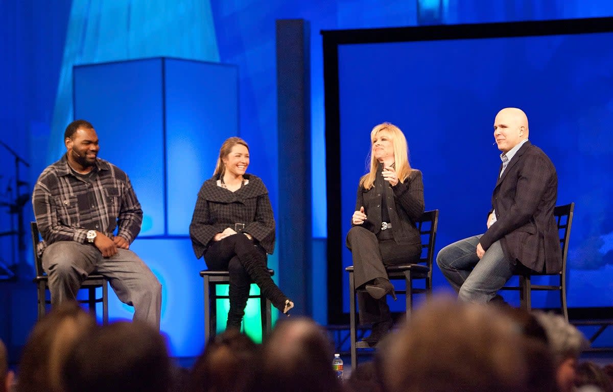 FILE - Michael Oher, left, Collins Tuohy, second from left, and Leigh Anne Tuohy, whose lives are portrayed in the Oscar-nominated movie 