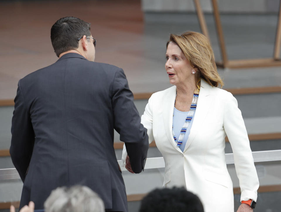 <p>House Speaker Paul Ryan of Wis., left, greets House Minority Leader Nancy Pelosi of Calif. as they take their seats for the dedication ceremony of the Smithsonian Museum of African American History and Culture on the National Mall in Washington, Saturday, Sept. 24, 2016. (AP Photo/Pablo Martinez Monsivais)</p>