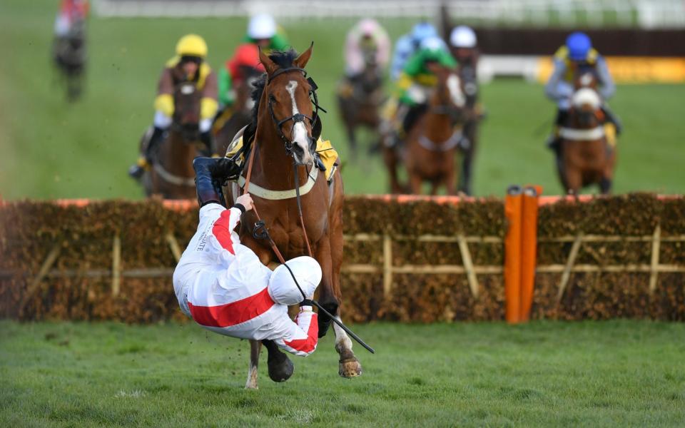 Goshen ridden by Jamie Moore falls at the last fence during the JCB Triumph Hurdle at the Cheltenham Festival this year  - GETTY IMAGES