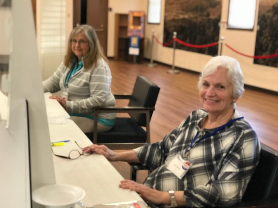 Poll workers Tena Shannon, left, and Toni Herring manned the Midtown Community Center/Wildcat Den early voting location in Oak Ridge last spring. It's again one of three early voting locations in Anderson County for the Nov. 8 elections.