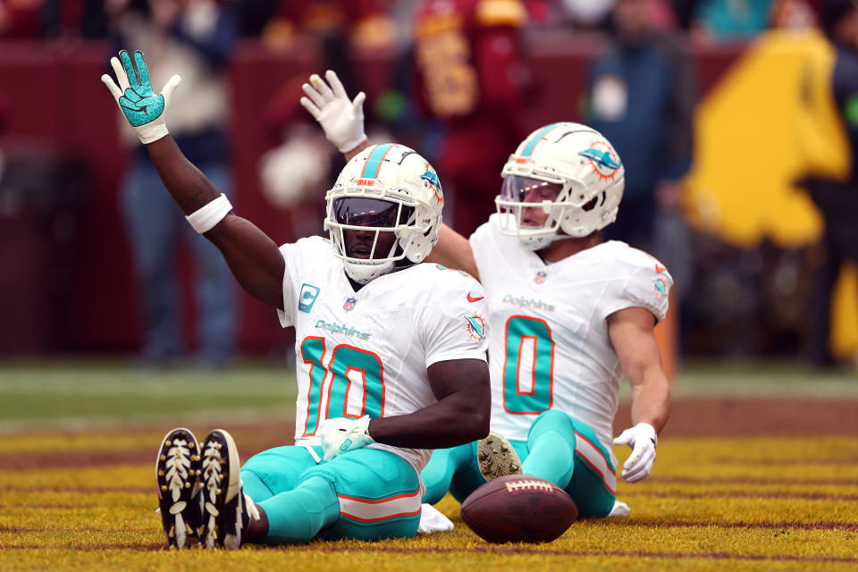 Tyreek Hill and his Braxton Berrios celebrate another big play. (Photo by Rob Carr/Getty Images)