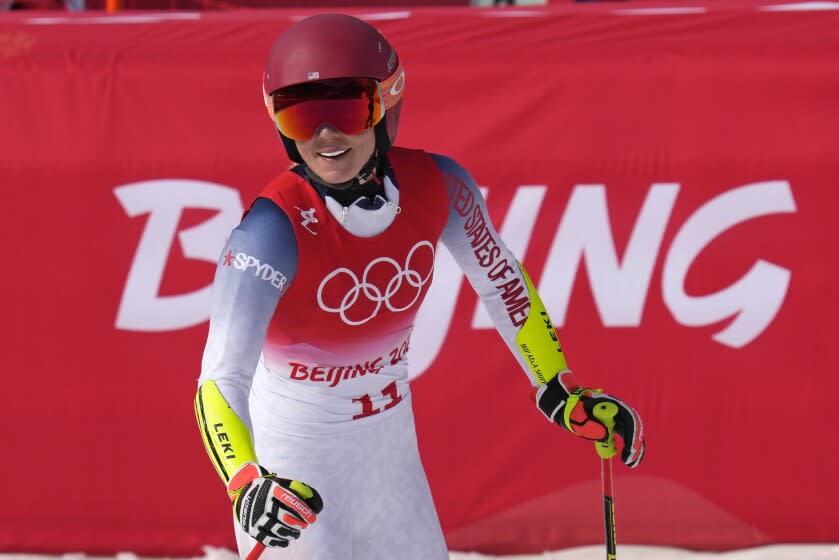 Mikaela Shiffrin, of United States reacts after finishing the women's super-G.