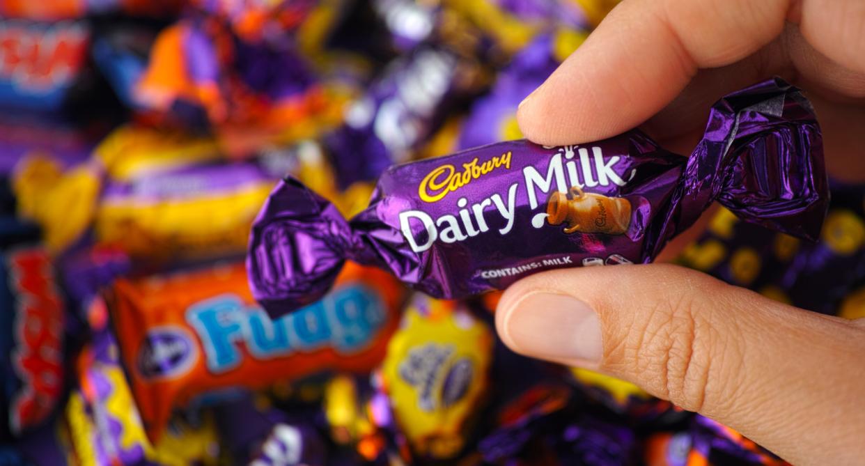 A close up of a Cadbury Dairy Milk bar as confectioner is planning to release a chocolate bar with 75% less sugar. (Getty Images)