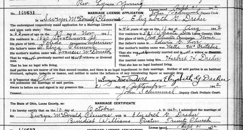 The columnist's cousin, Sweyn Clemons, was always said by family to be a lifelong bachelor. However, research provided by other genealogists proved he was actually married at one time.