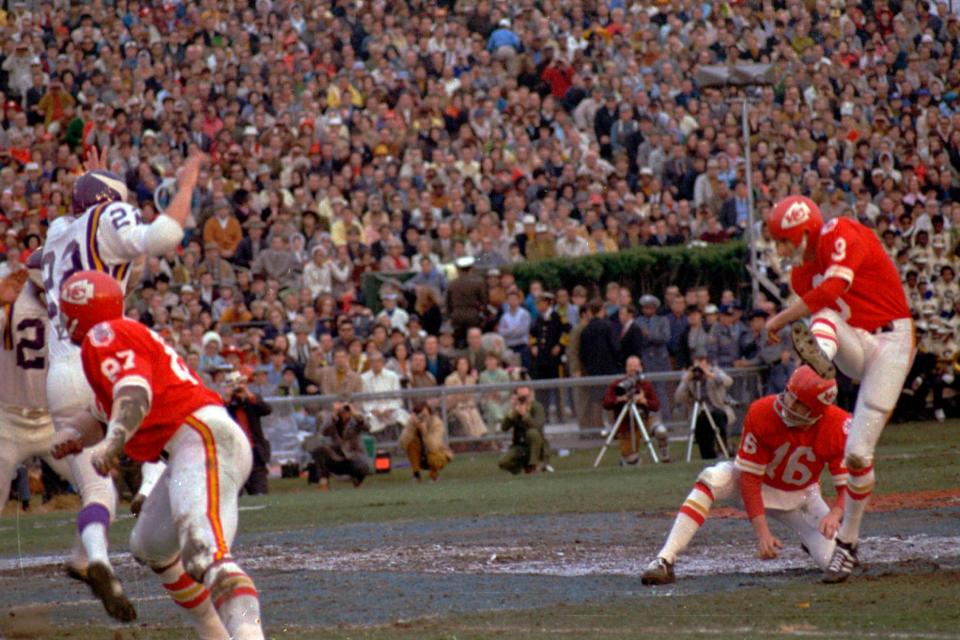 Jan Stenerud kicks a field goal for the Kansas City Chiefs against the Minnesota Vikings in the Super Bowl IV, Jan. 11, 1970, at Tulane Stadium in New Orleans. Stenerud kicked field goals of 48, 32 and 25 yards in a 23-7 Chiefs win. (AP Photo/File)
