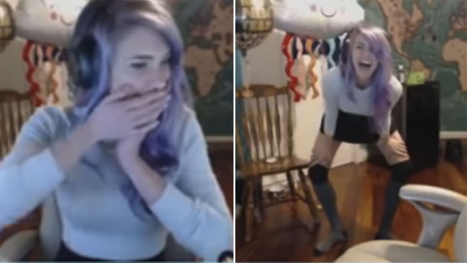 LegendaryLea can be seen jumping around for joy after learning she was donated a large sum of cash on Twitch. Photo: YouTube/LiveStreamFails