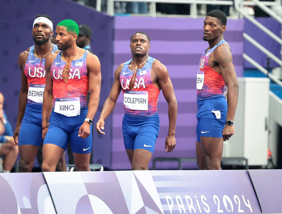 L-R: Kenny Bednarek, Kyree King, Christian Coleman and Fred Kerley after their failed 4x100m relay. (Skalij/Los Angeles Times via Getty Images)