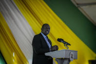 Kenya's President-elect William Ruto addresses the media at his official residence of the deputy president in the Karen area of Nairobi, Kenya Wednesday, Aug. 17, 2022. (AP Photo/Mosa'ab Elshamy)