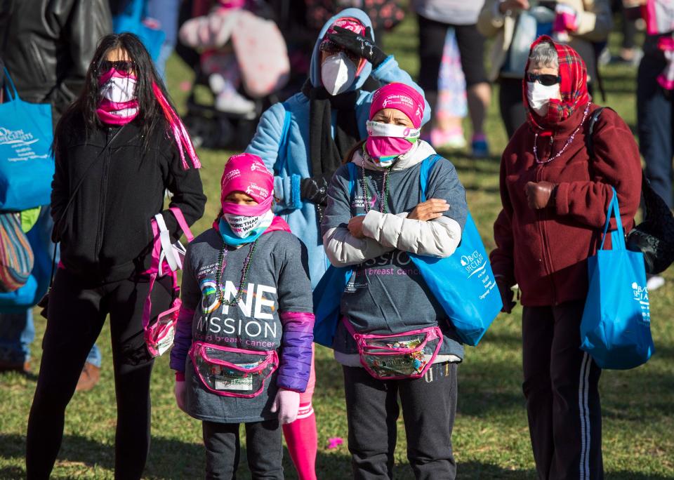 People are bundled up against the cold and Covid during ceremonies before the Susan G. Komen 2022 West Palm Beach MORE THAN PINK Walk Saturday, January 29, 2022. The organization describes the event as a time to share stories, laughter, and tears, as well as to raise money that saves lives, while celebrating survivors, those living with breast cancer, and lost loved ones.