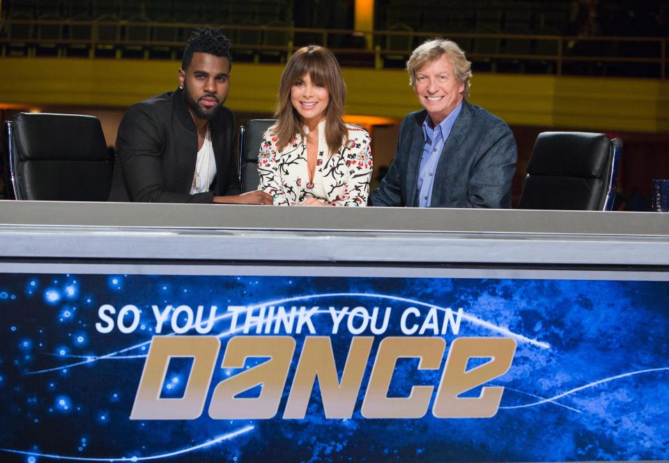 Jason Derulo, Paula Abdul, and Nigel Lythgoe on "So You Think You Can Dance" in March 2016.