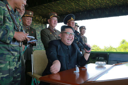 North Korean leader Kim Jong Un guides a target-striking contest of the special operation forces of the Korean People's Army (KPA) to occupy islands in this undated picture provided by KCNA in Pyongyang on August 25, 2017. KCNA via Reuters