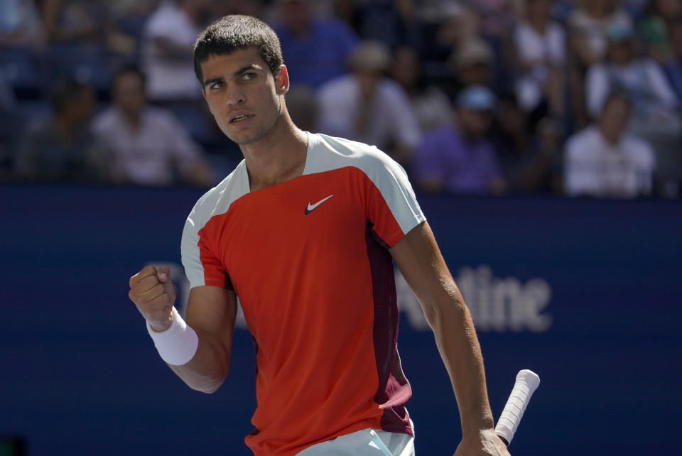 Carlos Alcaraz, of Spain, reacts during a match against Federico Coria, of Argentina, during the second round of the U.S. Open tennis championships, Thursday, Sept. 1, 2022, in New York. (AP Photo/Mary Altaffer)