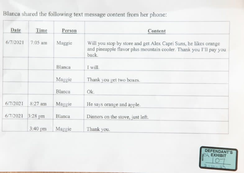 The text messages between Maggie and Blanca (Pool/Avery Wilks)