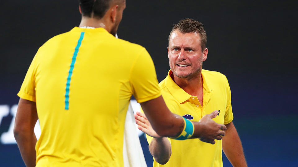 Lleyton Hewitt and Nick Kyrgios, pictured here during Australia's semi-final at the ATP Cup.