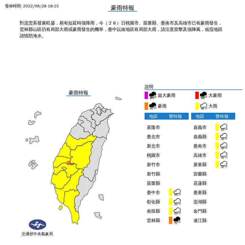 9縣市豪、大雨特報。（圖／氣象局）