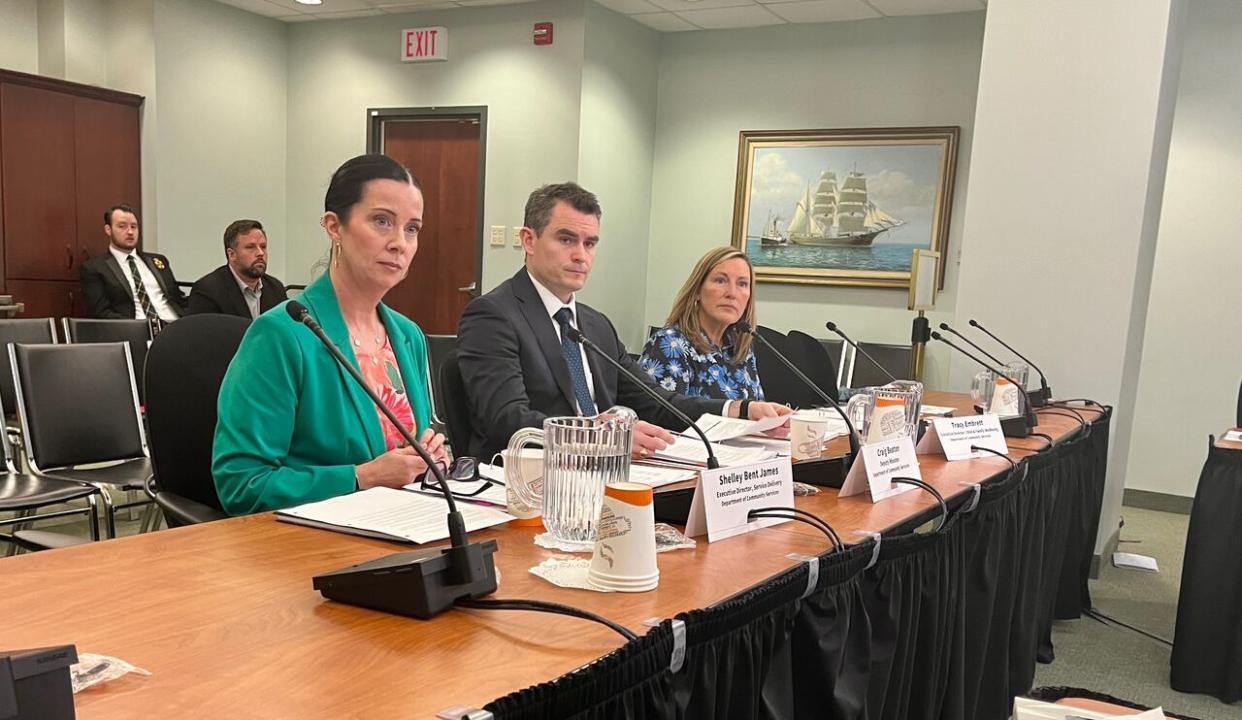 Officials with the Community Services Department appeared as witnesses at Wednesdays public accounts committee meeting. From the left: Shelley Bent James, Craig Beaton and Tracy Embrett. (Michael Gorman/CBC - image credit)