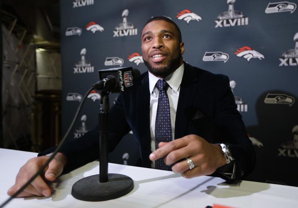 Denver Broncos linebacker Wesley Woodyard talks with reporters during a news conference Sunday, Jan. 26, 2014, in Jersey City, N.J. The Broncos are scheduled to play the Seattle Seahawks in the NFL Super Bowl XLVIII football game Sunday, Feb. 2, in East Rutherford, N.J. (AP Photo/Mark Humphrey)