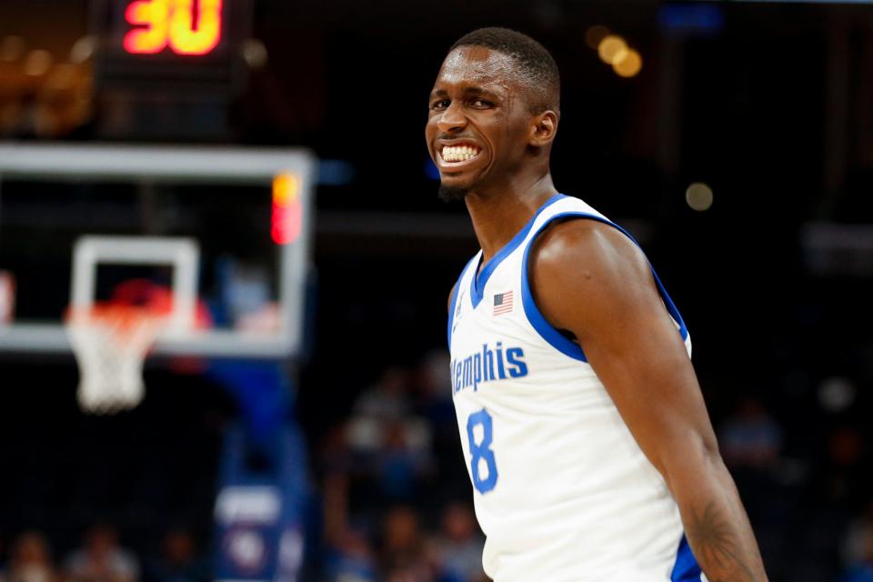 Memphis' David Jones (8) reacts after making a three pointer during the season opener between the University of Memphis and Jackson State University at FedExForum in Memphis, Tenn., on Monday, November 6, 2023.