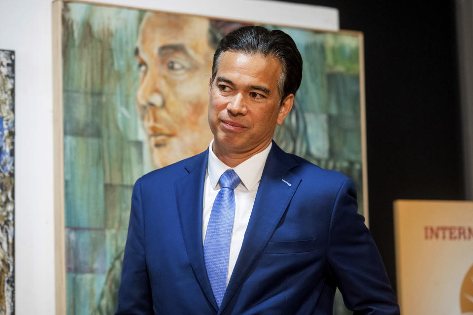 California Assemblyman Rob Bonta listens during a news conference as California Gov. Gavin Newsom announces his nomination for state's attorney general, Wednesday, March 24, 2021, in San Francisco. (AP Photo/Noah Berger)