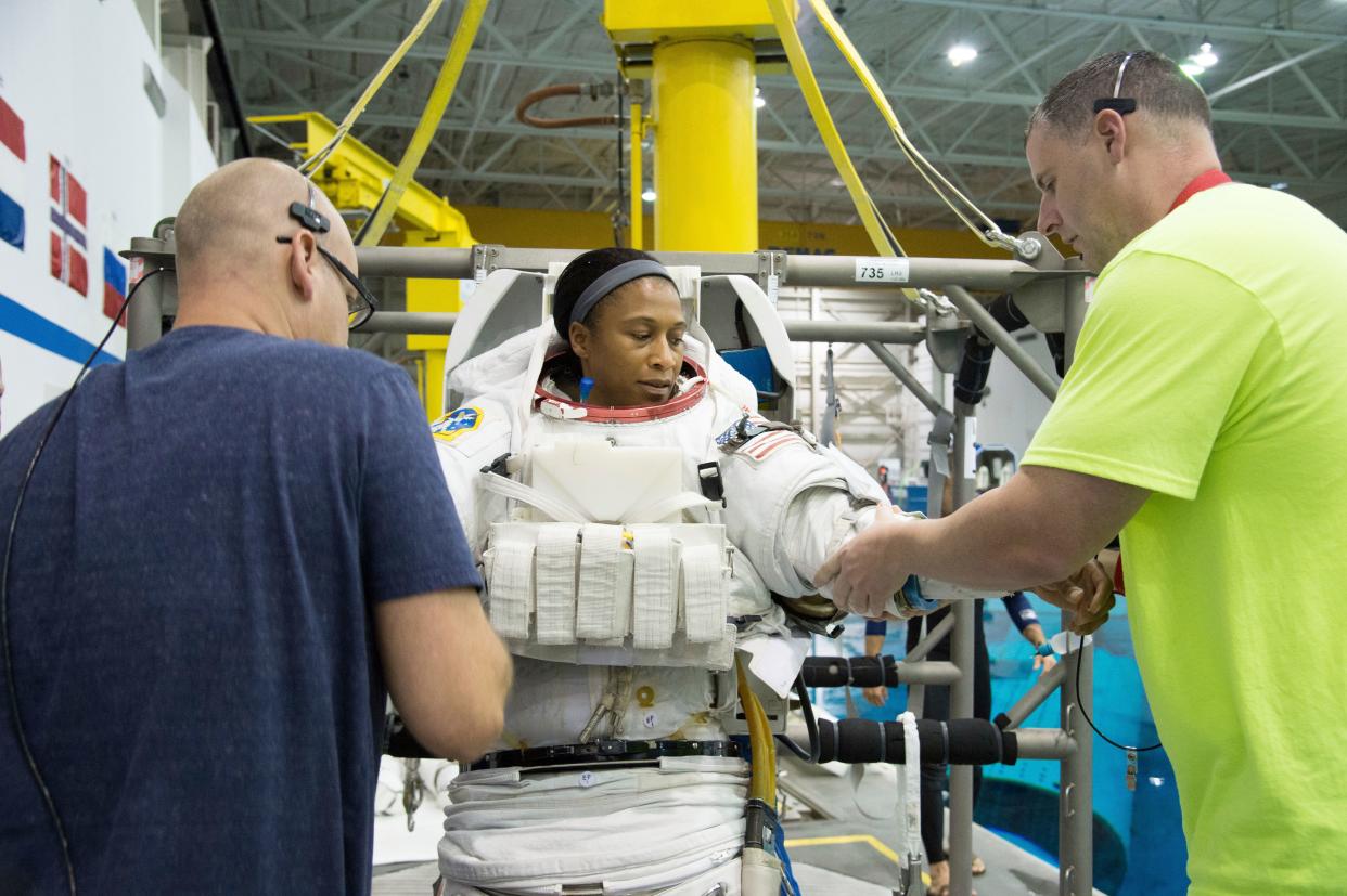 In this Sept. 16, 2014 photo provided by NASA, astronaut Jeanette Epps participates in a spacewalk training session at the Johnson Space Center in Houston.