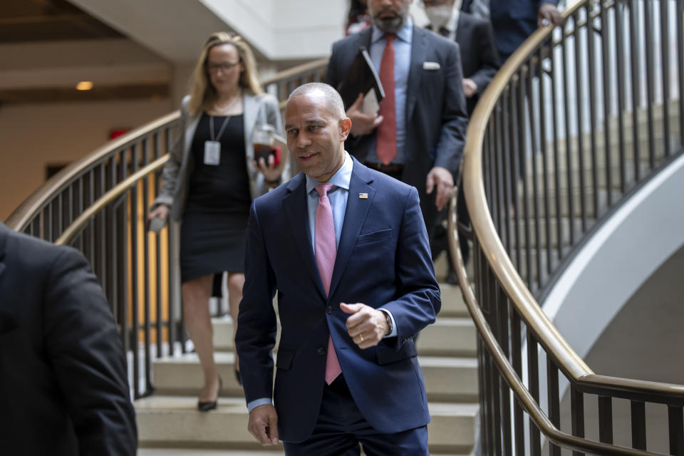 House Minority Leader Hakeem Jeffries, D-N.Y., arrives to lead the House Democratic Caucus before today's vote on the debt limit deal negotiated by Speaker of the House Kevin McCarthy, R-Calif., and President Joe Biden, at the Capitol in Washington, Wednesday, May 31, 2023. (AP Photo/J. Scott Applewhite)