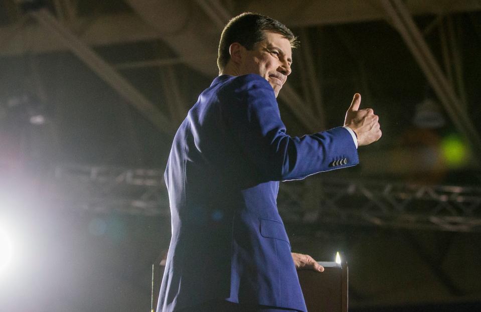 Former South Bend Mayor and democratic presidential hopeful Pete Buttigieg speaks to supporters at his Iowa Caucus Watch Party event inside Drake University on Monday, Feb. 4, 2020, in Des Moines, Iowa.