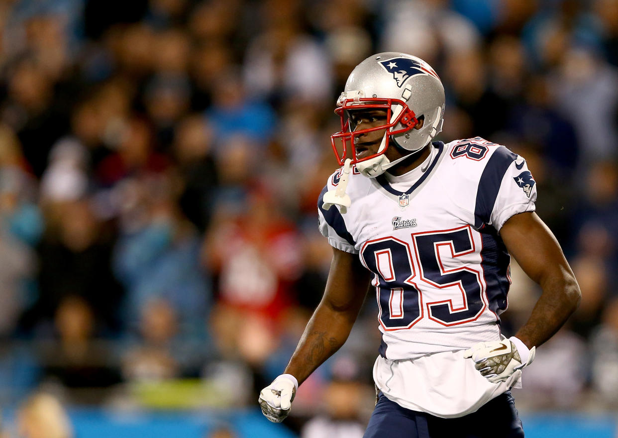 CHARLOTTE, NC - NOVEMBER 18:  Kenbrell Thompkins #85 of the New England Patriots reacts after a catch during their game against the Carolina Panthers at Bank of America Stadium on November 18, 2013 in Charlotte, North Carolina.  (Photo by Streeter Lecka/Getty Images) 