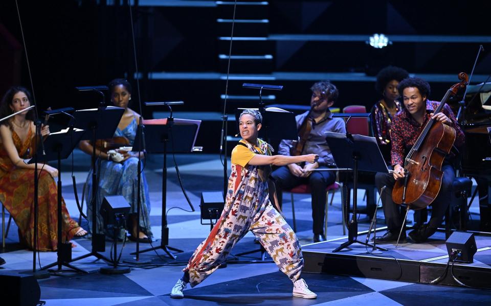 EM Williams (centre) with cellist Sheku Kenneh-Mason (right) in the Carnival of the Animals Prom - BBC/Chris Christodoulou