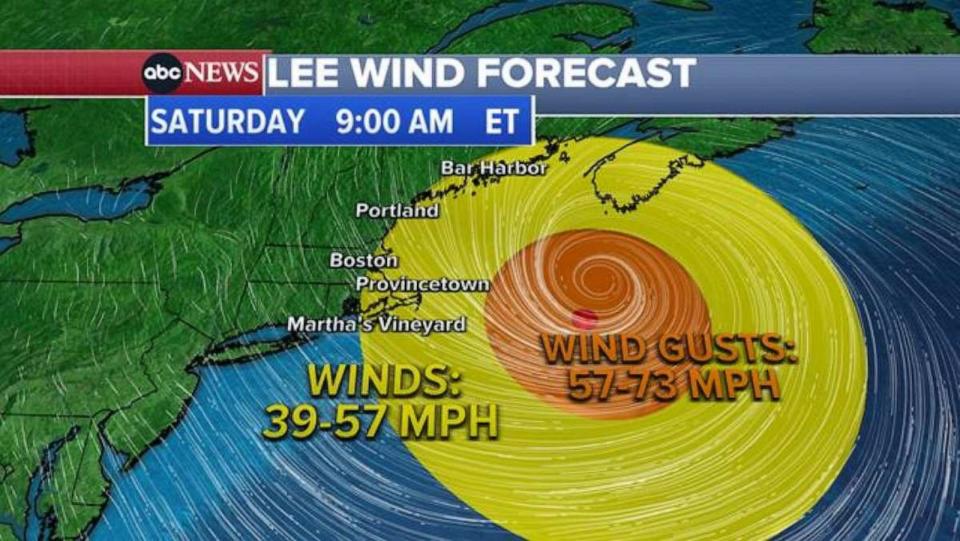 PHOTO: A weather map shows the wind forecast for Hurricane Lee for Saturday morning, Sept. 16, 2023. (ABC News)