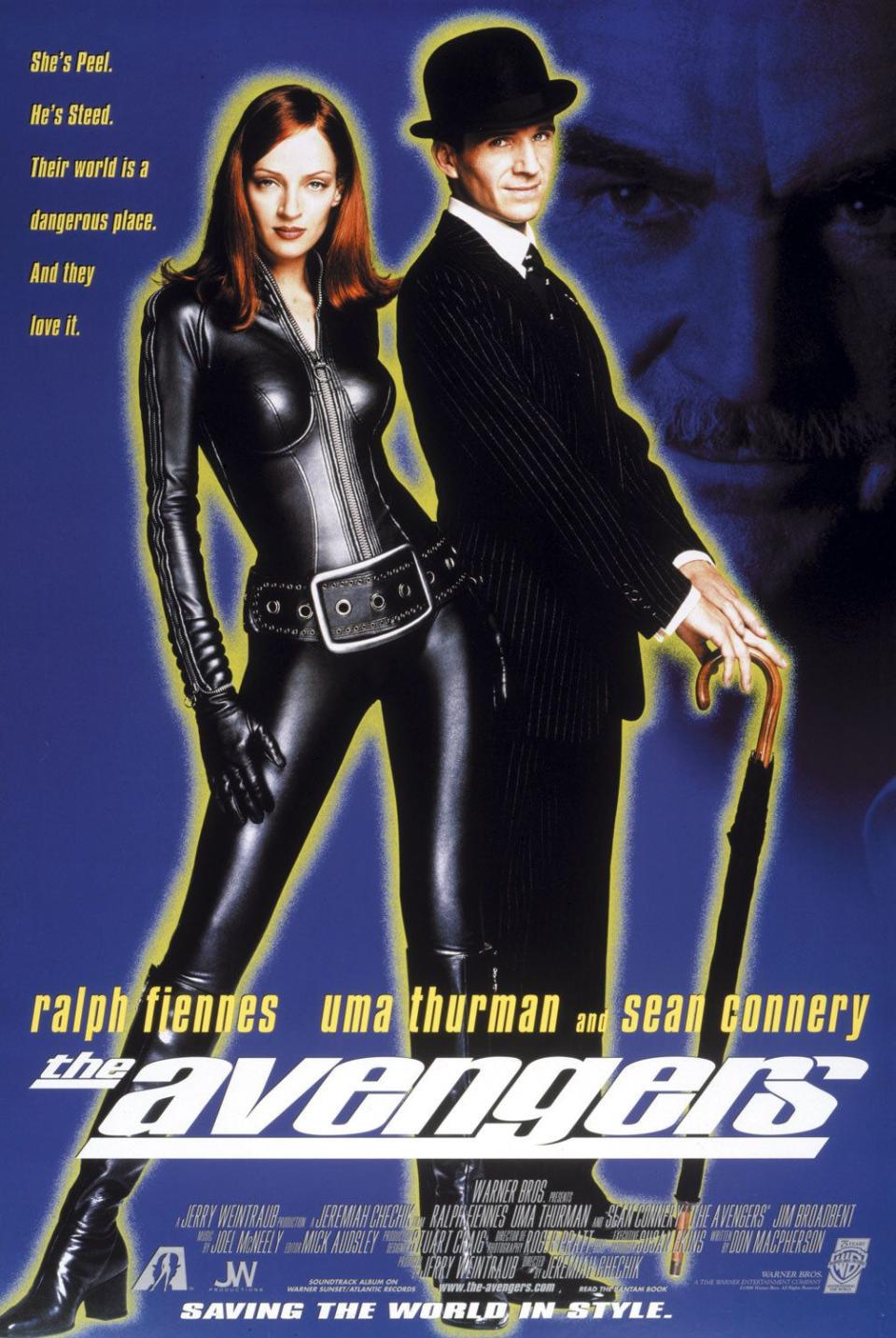 The poster for The Avengers, featuring Uma Thurman, Ralph Fiennes and Sean Connery. (Warner Bros)