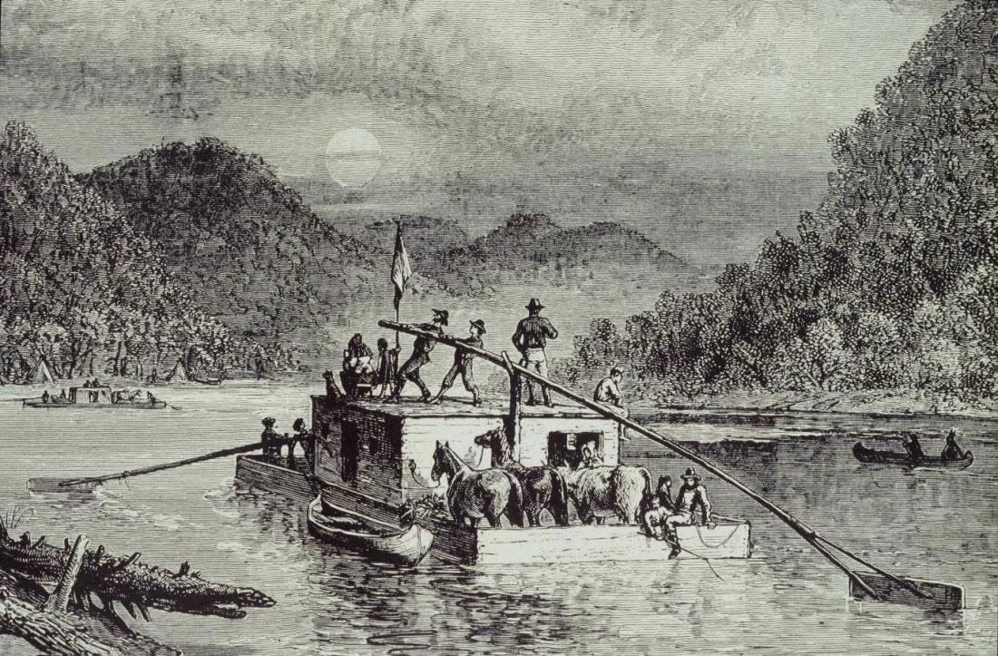 Flatboats travel the Ohio River about 1788.