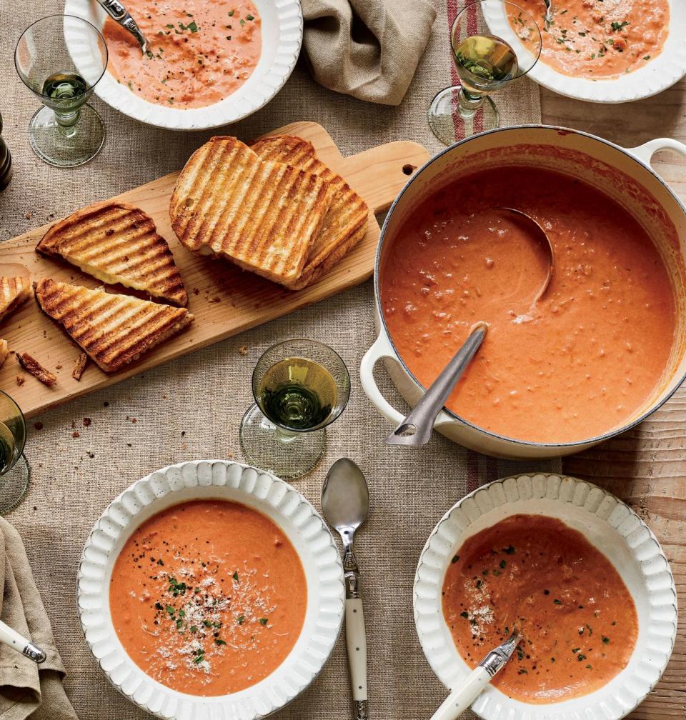 ina garten's creamy tomato bisque with cheddar chutney grilled cheese sandwiches