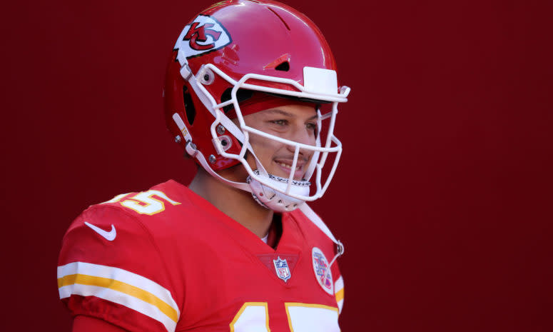 Kansas City Chiefs quarterback Patrick Mahomes warms up.