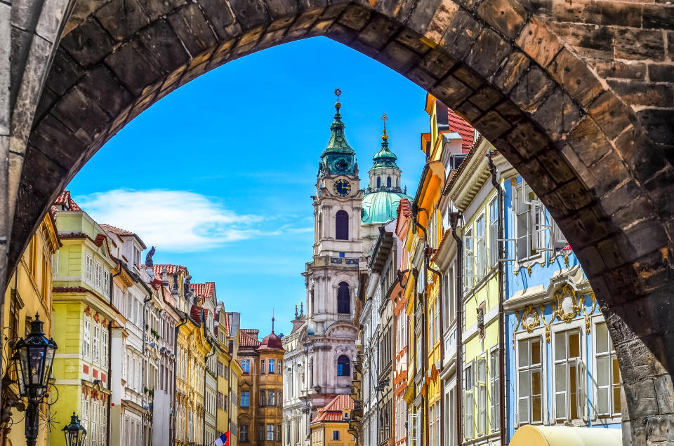 View of colorful old town in Prague taken from Charles bridge, Czech Republic