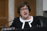 Sen. Susan Collins, R-Maine, speaks during a hearing on COVID-19 on Capitol Hill on Wednesday, Sept. 23, 2020, in Washington. (Alex Edelman/Pool via AP)