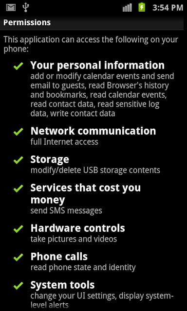 Android permissions screen